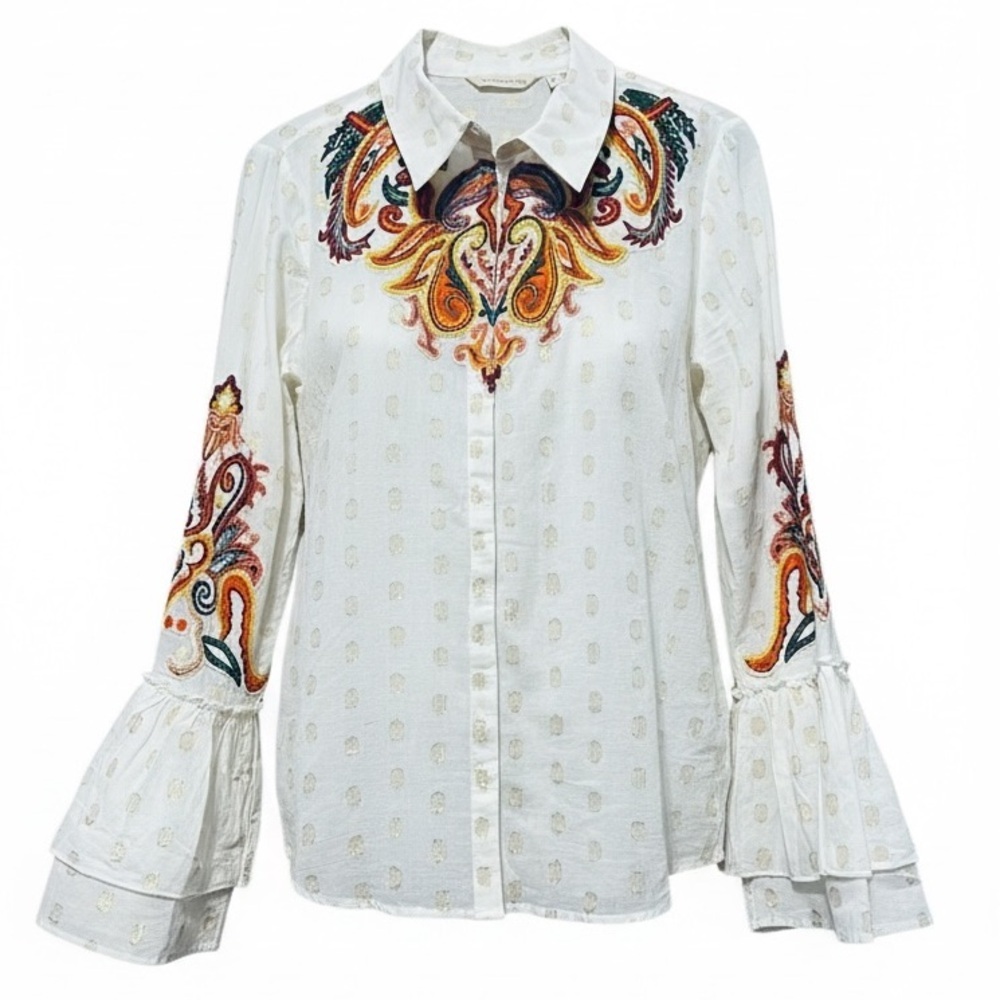 Soft Surroundings Flamenco Embroidered Button Down Blouse Bell Sleeve Boho M